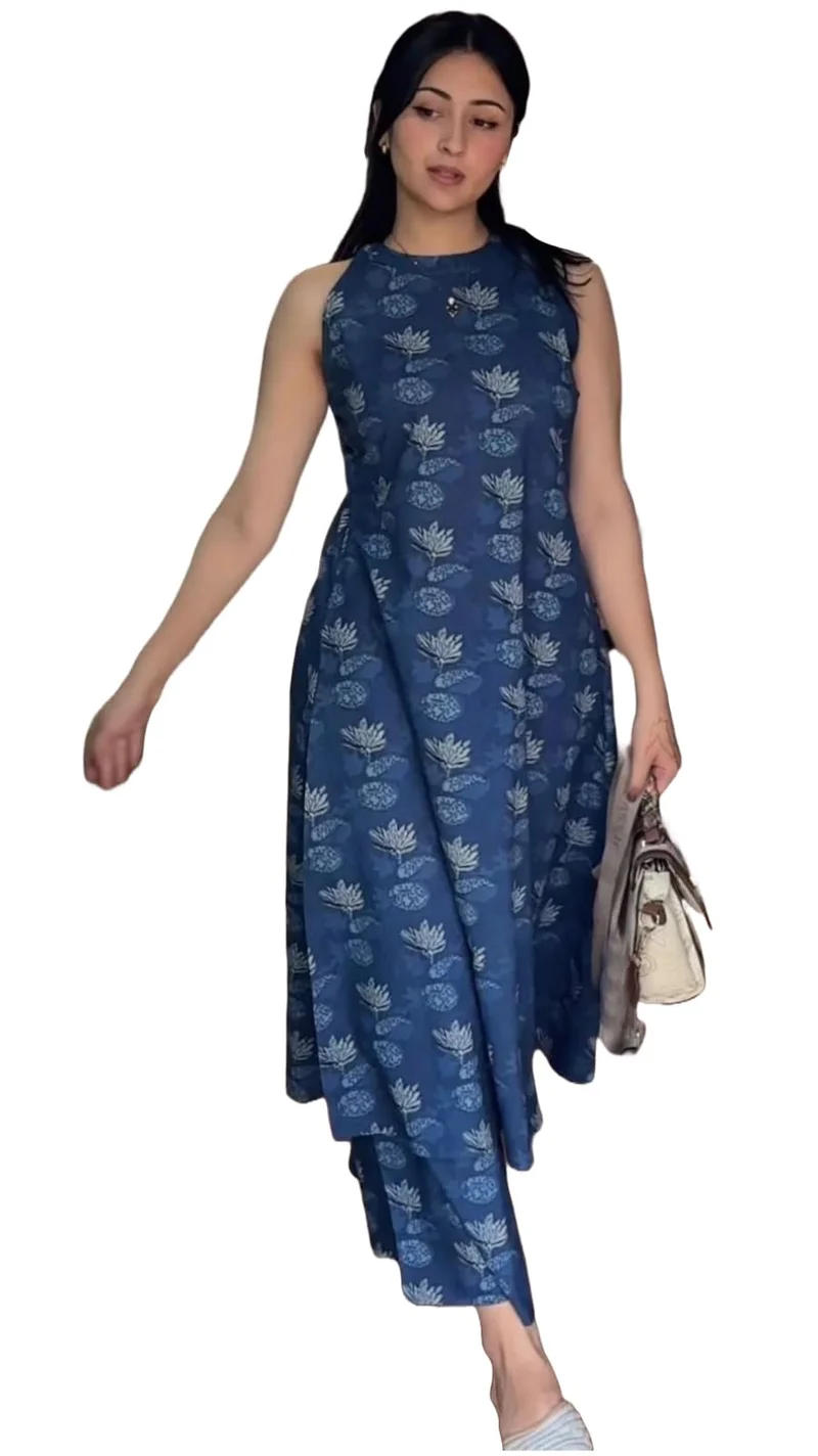 GoSriKi Women's Rayon Viscose Printed A-Line Kurta with Pant (Aashvi Blue-GS_L_Blue_Large)